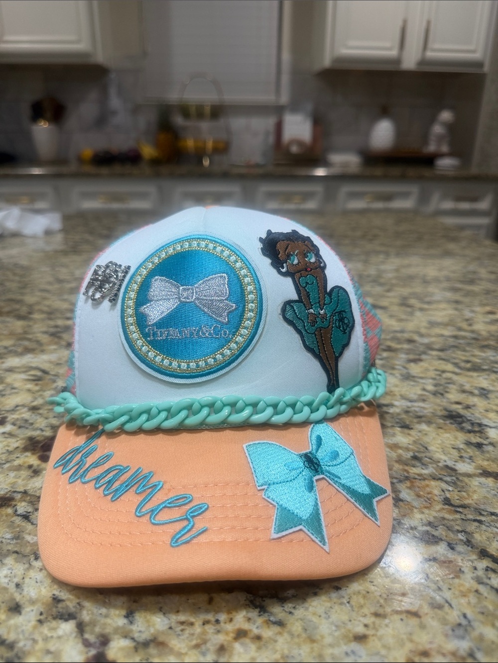 Women Peach and Aqua Embroidered Chain Cap